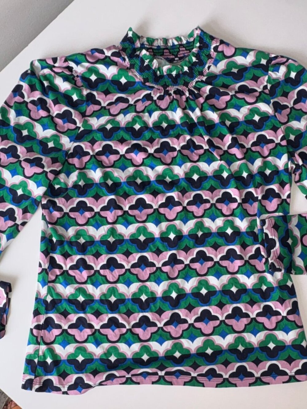 Women's Boden Mock Neck Ruffle Long Sleeve Blouse Geometric Colorful size US 12